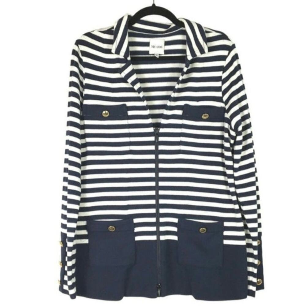 NWT NIC+ZOE Navy Striped Zip Cardigan Sweater Jacket Gold Button Womens PM